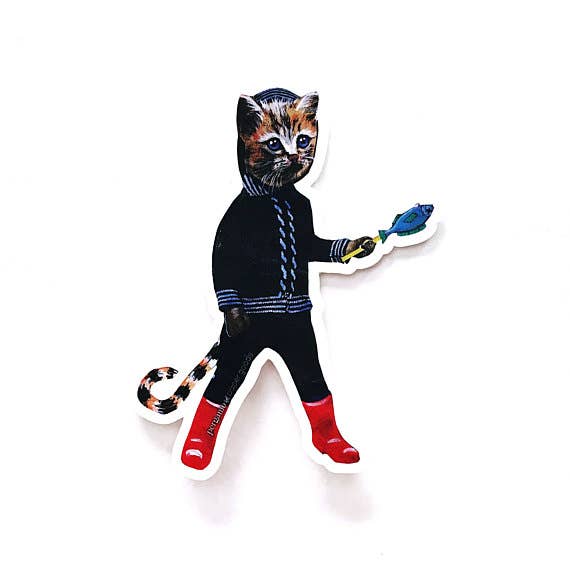 Tabby Cat in rain boots vinyl sticker