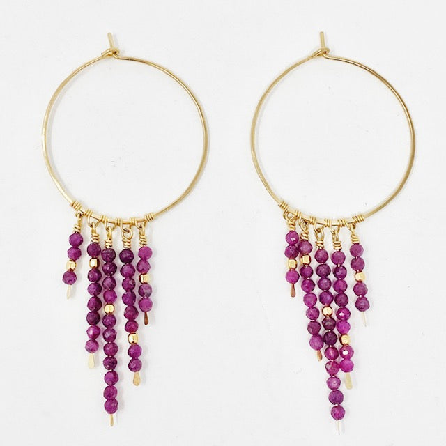 purple stone gold hoop earrings