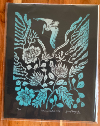 pelican and kelp linoprint art