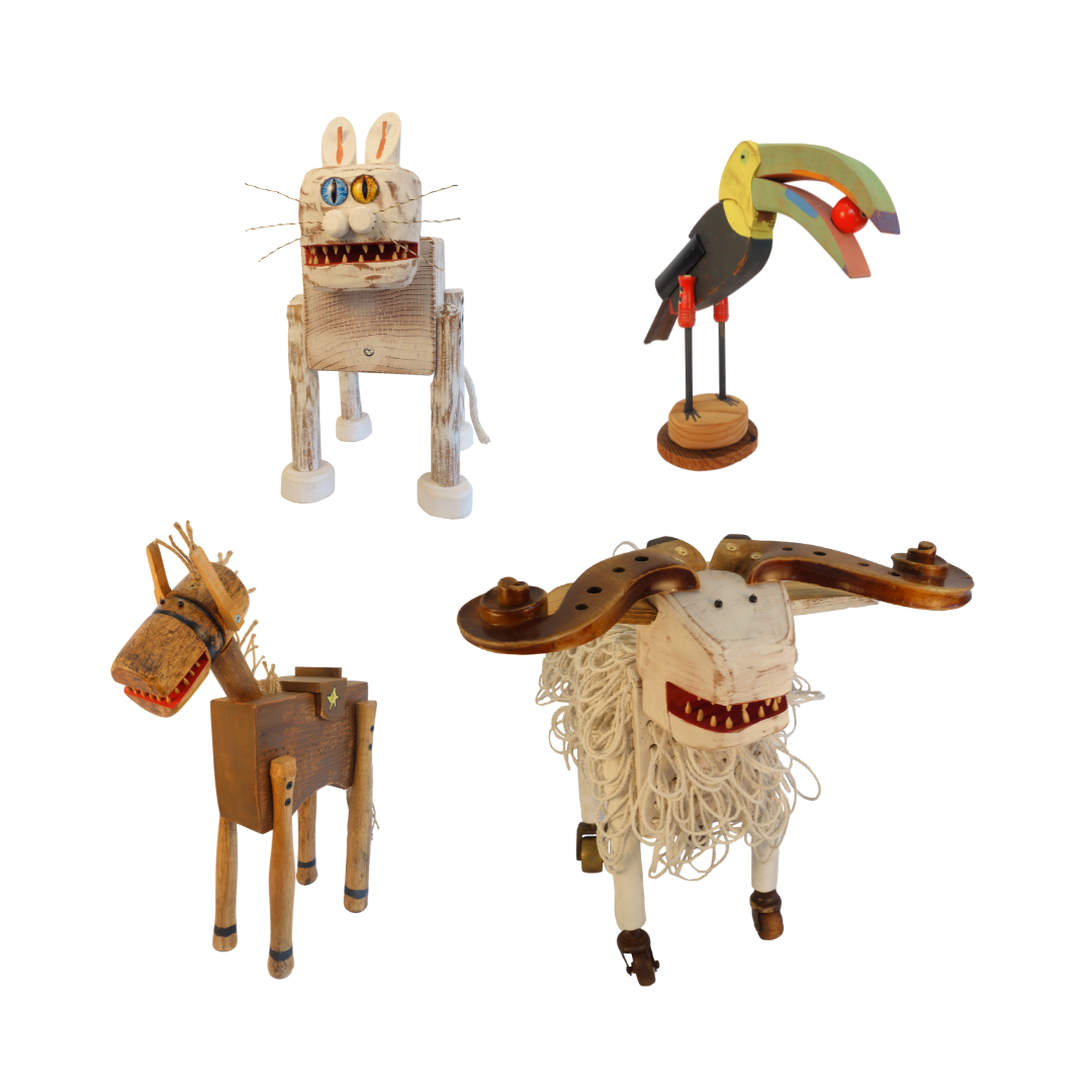 Assemblage Animals by Peter Koronakos of a cat, a toucan, horse, and goat