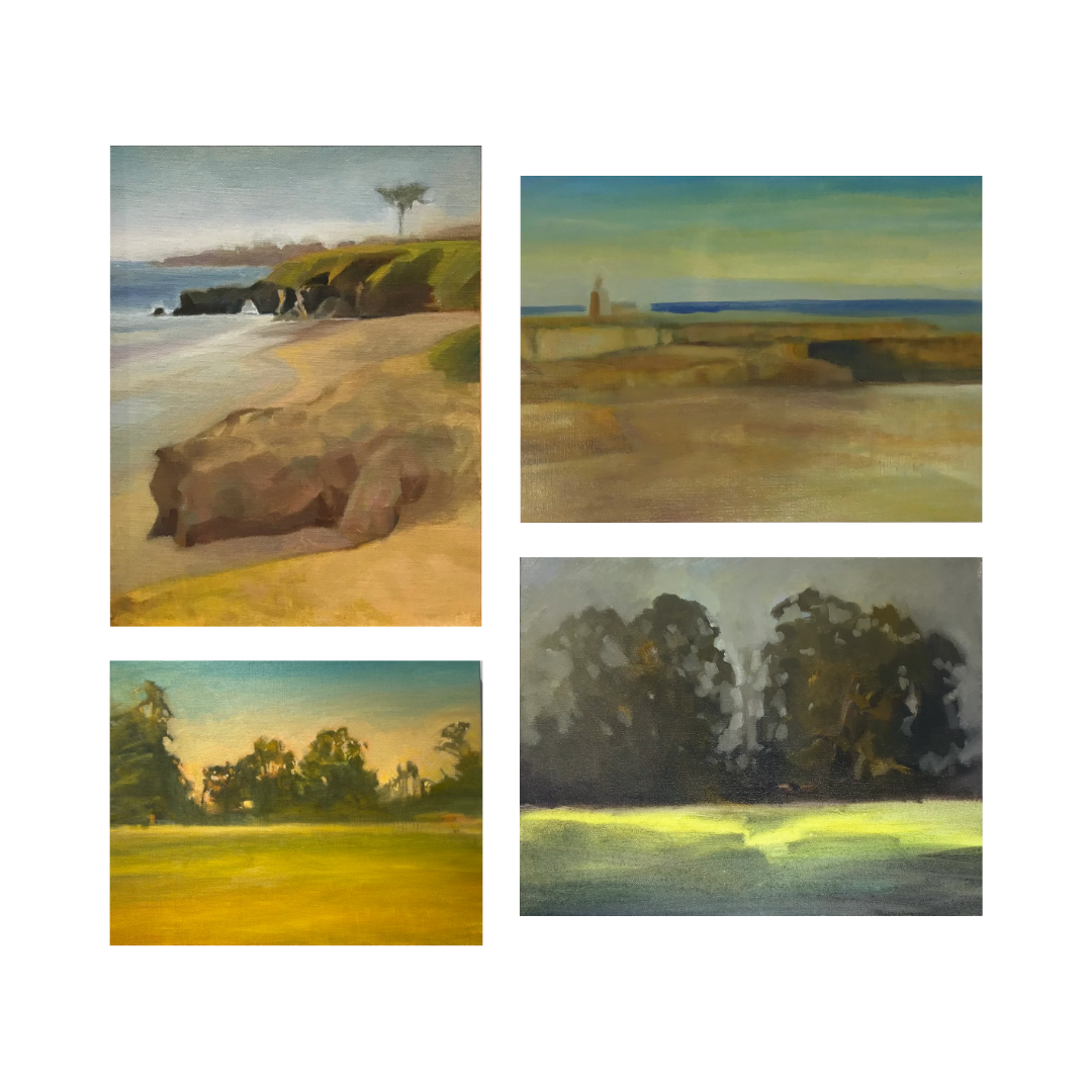 Original oil paintings by Brian Rounds featuring four different landscapes of trees, the ocean and fields 