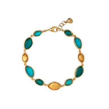 Elegant Peacock Bracelet by Michael Vincent Michaud featuring cast bronze with a 24K gold finish and colorful cast glass accents.