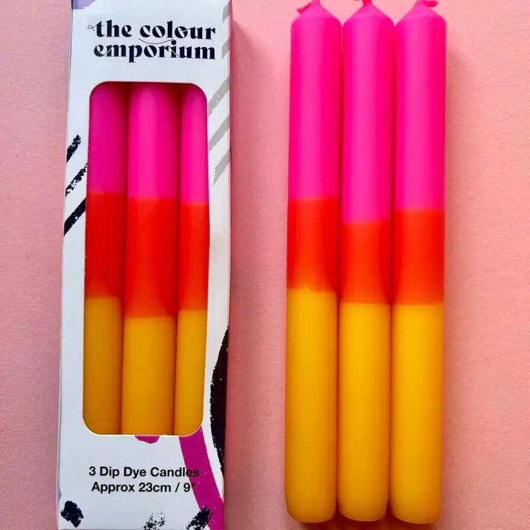 Dip Dyed Dinner Candle Trios showcasing colorful, hand-dipped candles perfect for adding a funky touch to any dinner table.