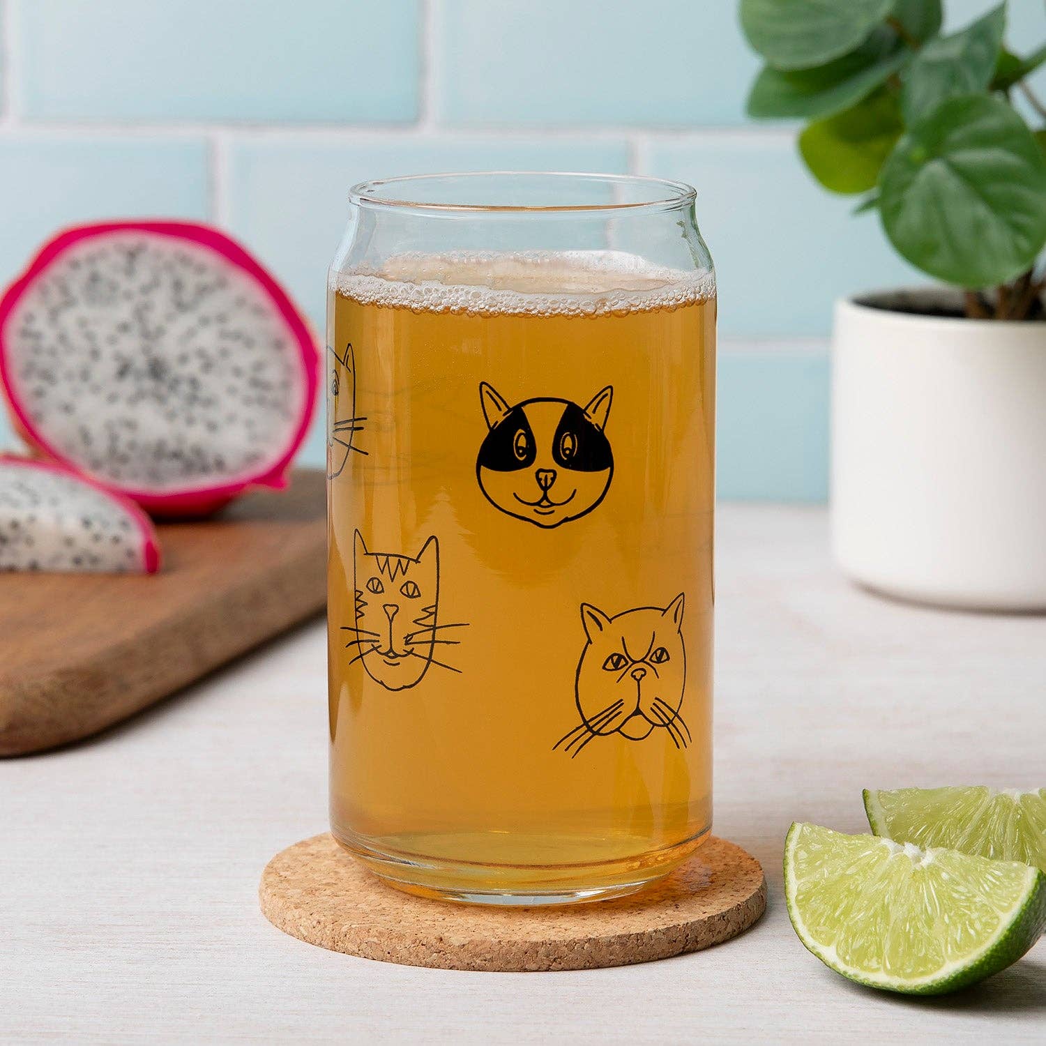 Cat Faces Can Glass - 16oz, Dishwasher Safe, Hand-Drawn