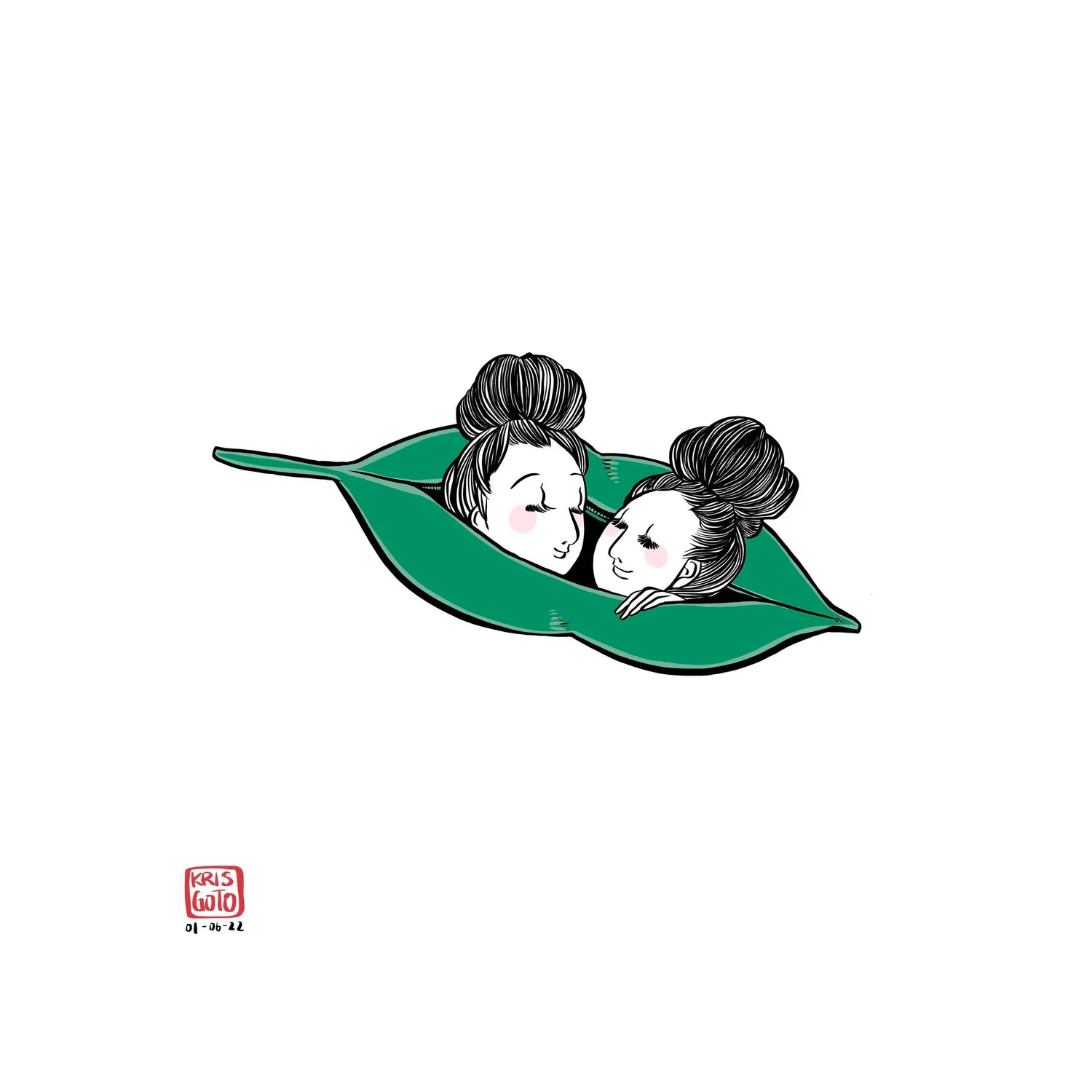 Digital illustration of two characters resembling friends inside an edamame pod, by artist Kris Goto. Artwork titled 'Edamame' from the Goto Diary 2022.