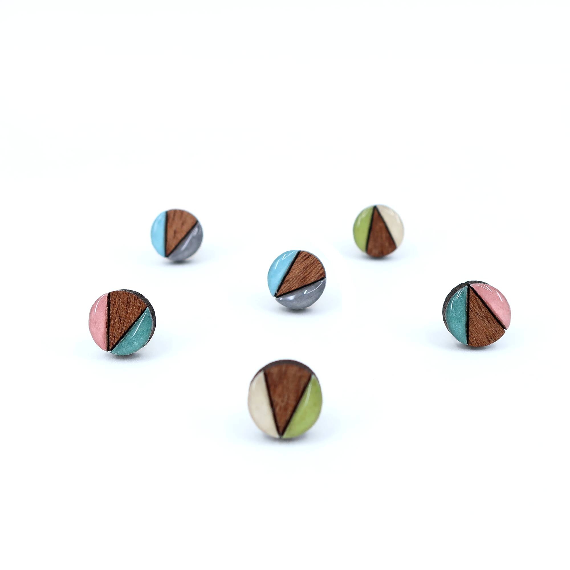 Lifestyle image of Color block mini circle titanium earrings - Matcha and Cream worn by a model, highlighting the stylish and lightweight design.