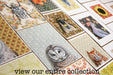 Flat lay of assorted illustrated art prints on patterned backgrounds