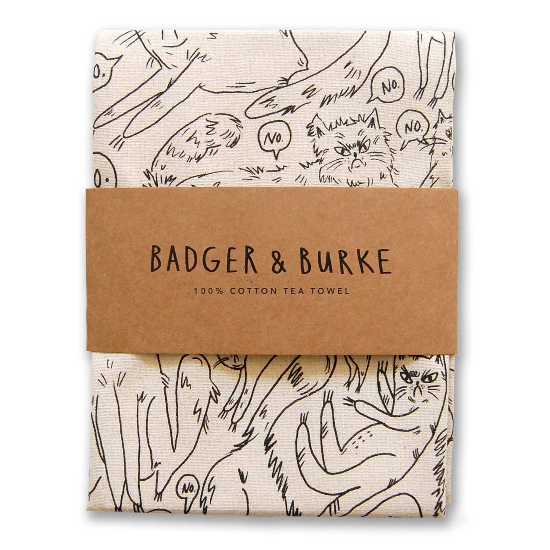 Cotton tea towel with black line art design and 'Badger & Burke' branding 