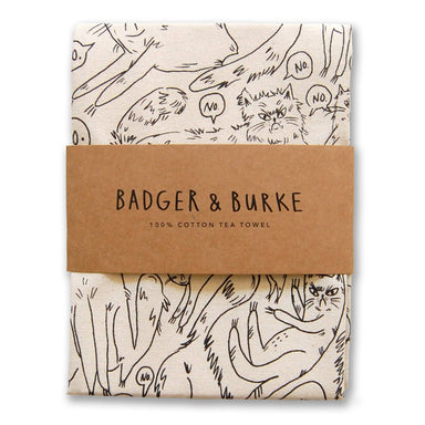 Cotton tea towel with black line art design and 'Badger & Burke' branding 