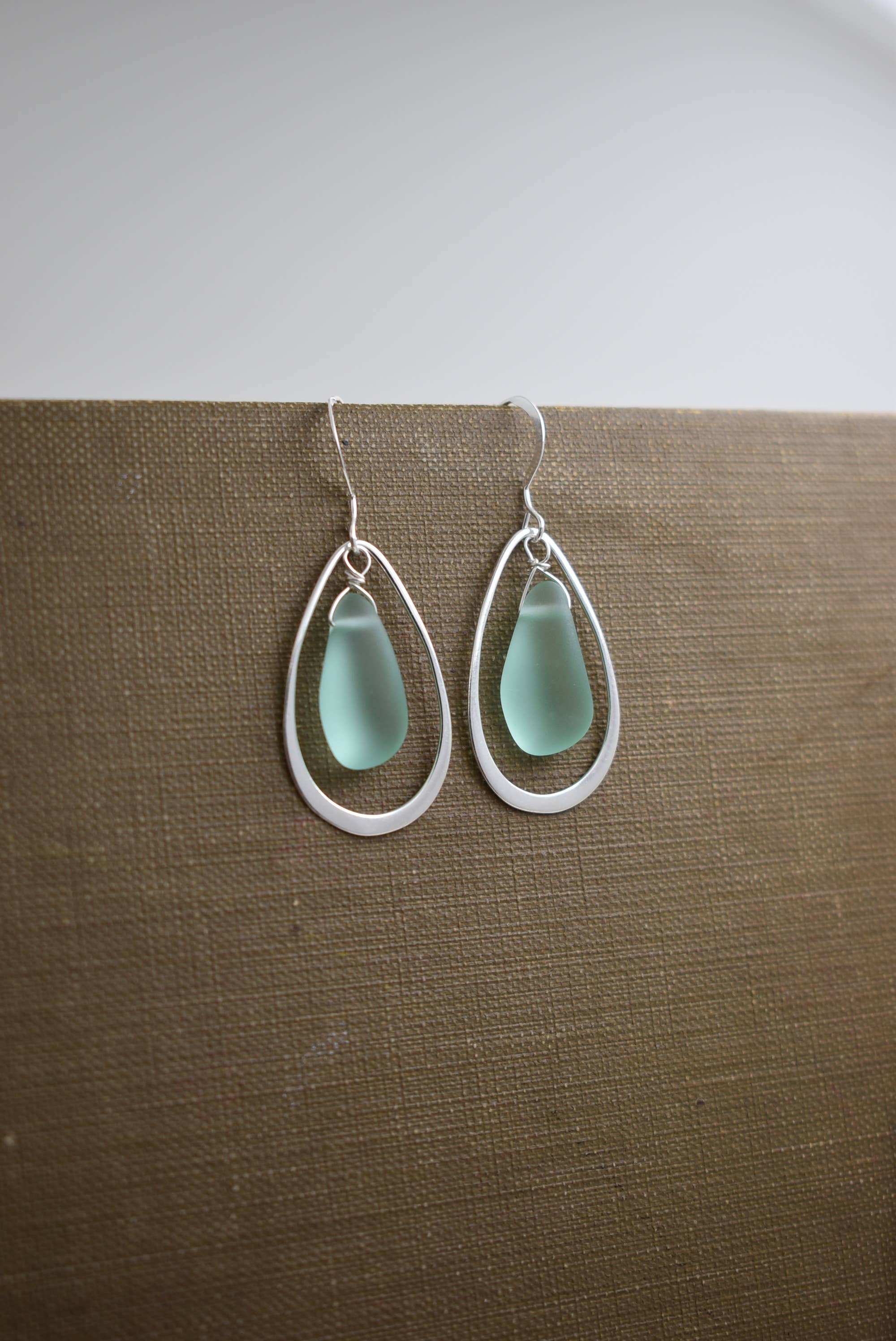 Organic Eco glass earrings with silver frame, ocean theme: TEAL