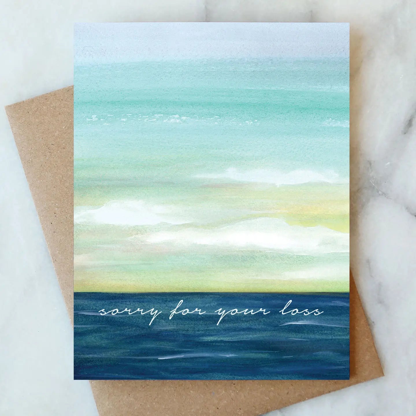 Sympathetic card with soothing watercolor shades of blue and green, conveying condolences, by Abigail Jayne Design, part of the Abigail Jayne Card Collection.