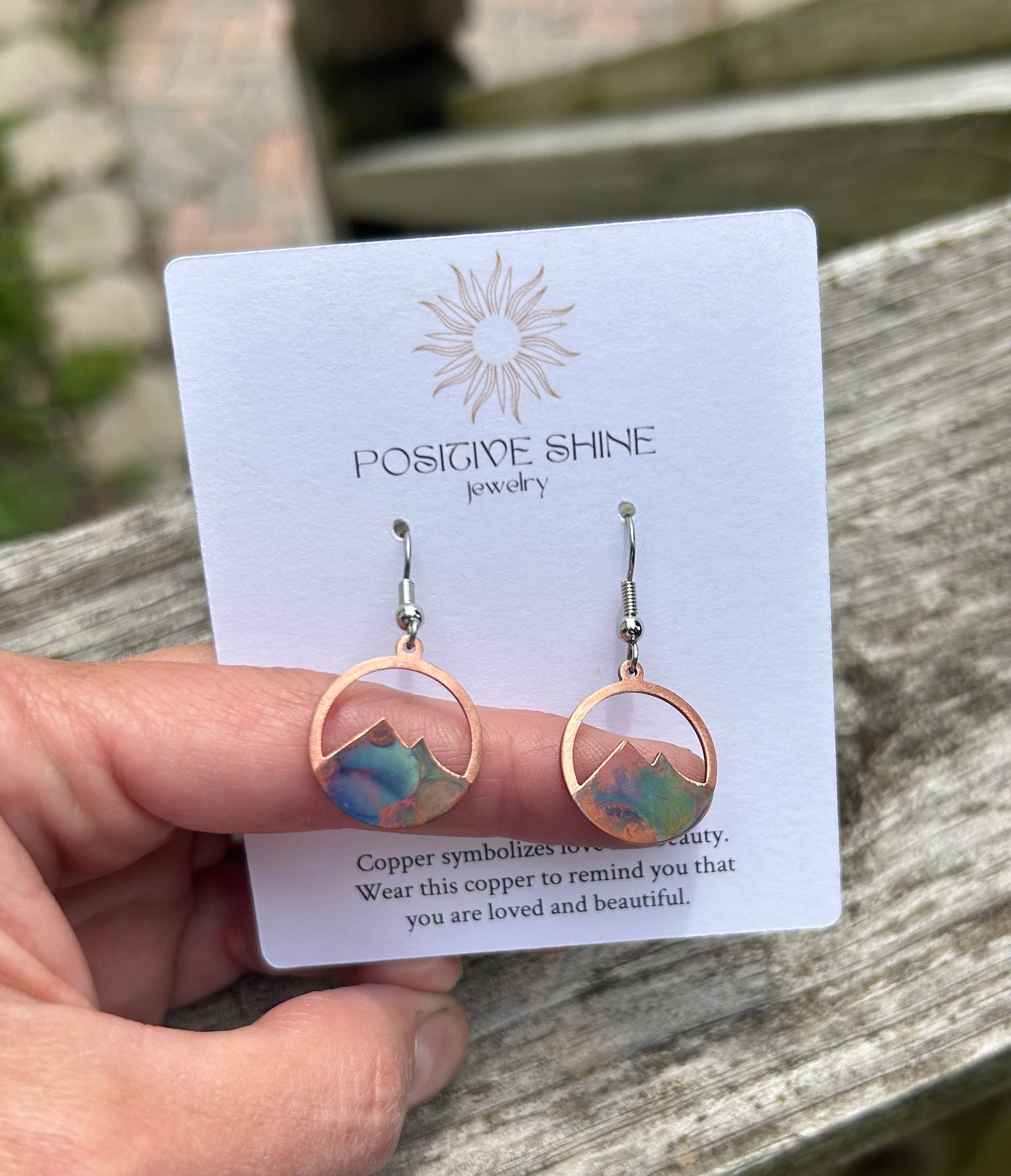 Colorful Mountain Earrings by Positive Shine Jewelry featuring brushed copper and stainless steel ear wires.