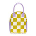 Checkered lunch bag with purple accents