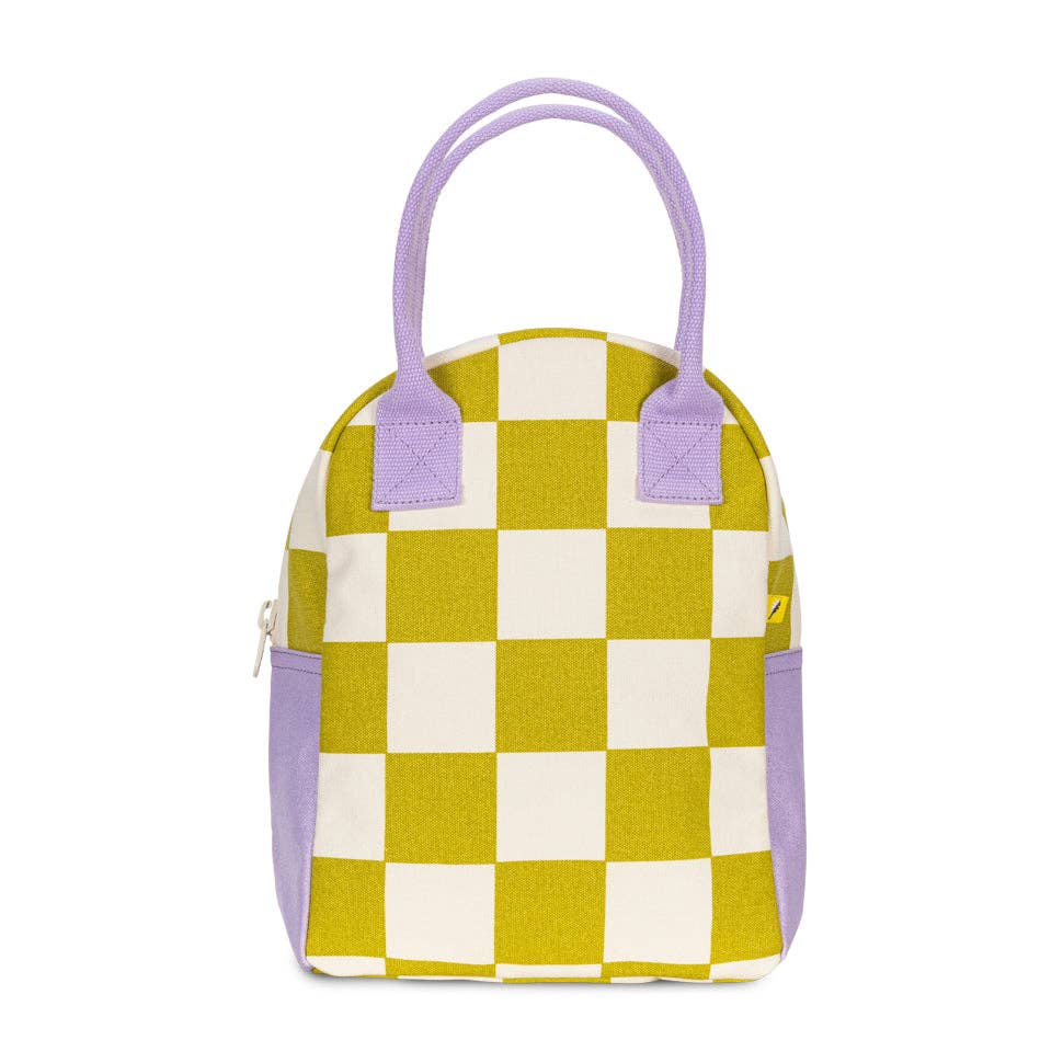 Checkered lunch bag with purple accents