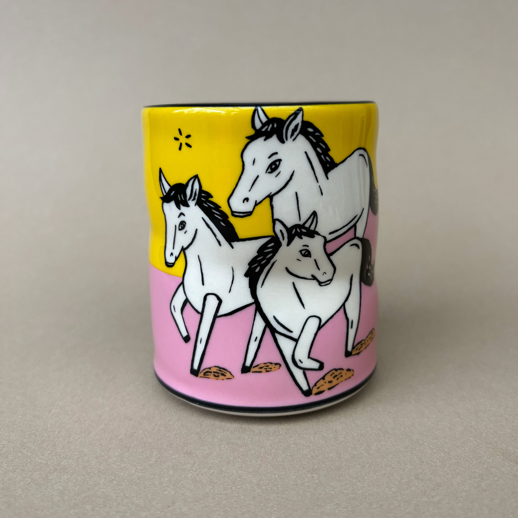 Trust Soul Spark Cup - Large featuring vibrant illustration of running white horses with a yellow and pink background, crafted by The Bowl Maker.