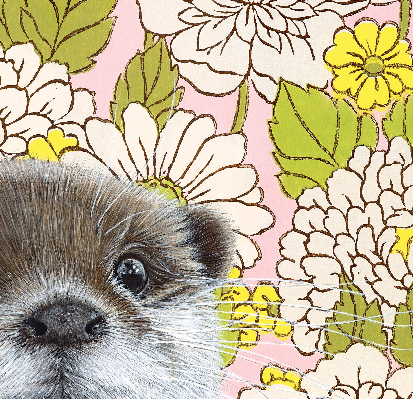 Detail of the 'Otter' fine art print by Emily Uchytil, highlighting the otter's expressive features and vintage wallpaper design.