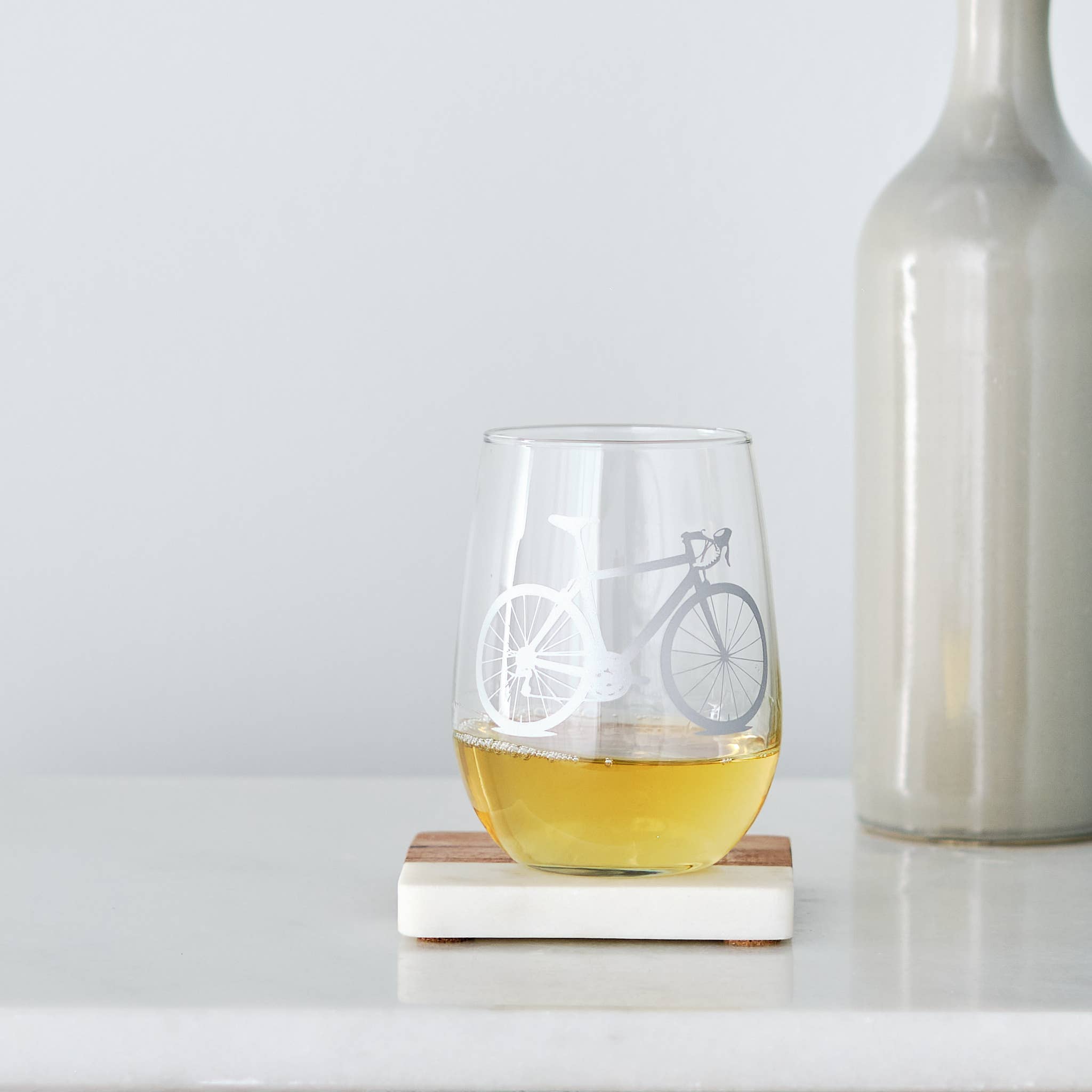 wine glass with white bicycle print