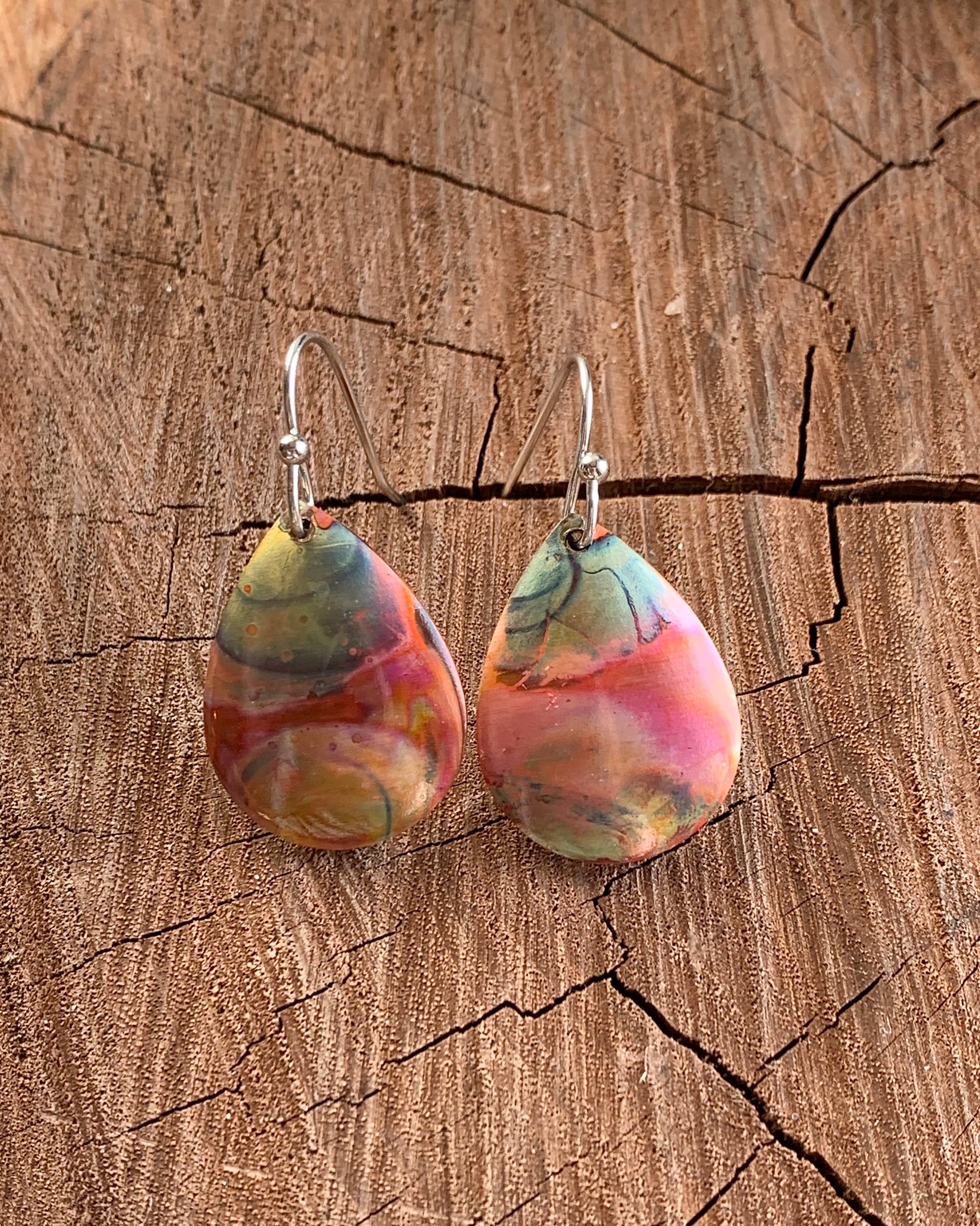 Small Teardrop Fire Painted Copper Earrings