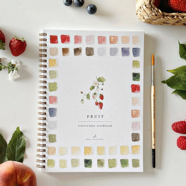 Fruit watercolor workbook showcasing vibrant watercolor illustrations of various fruits, perfect for relaxing painting sessions with kids and adults alike.