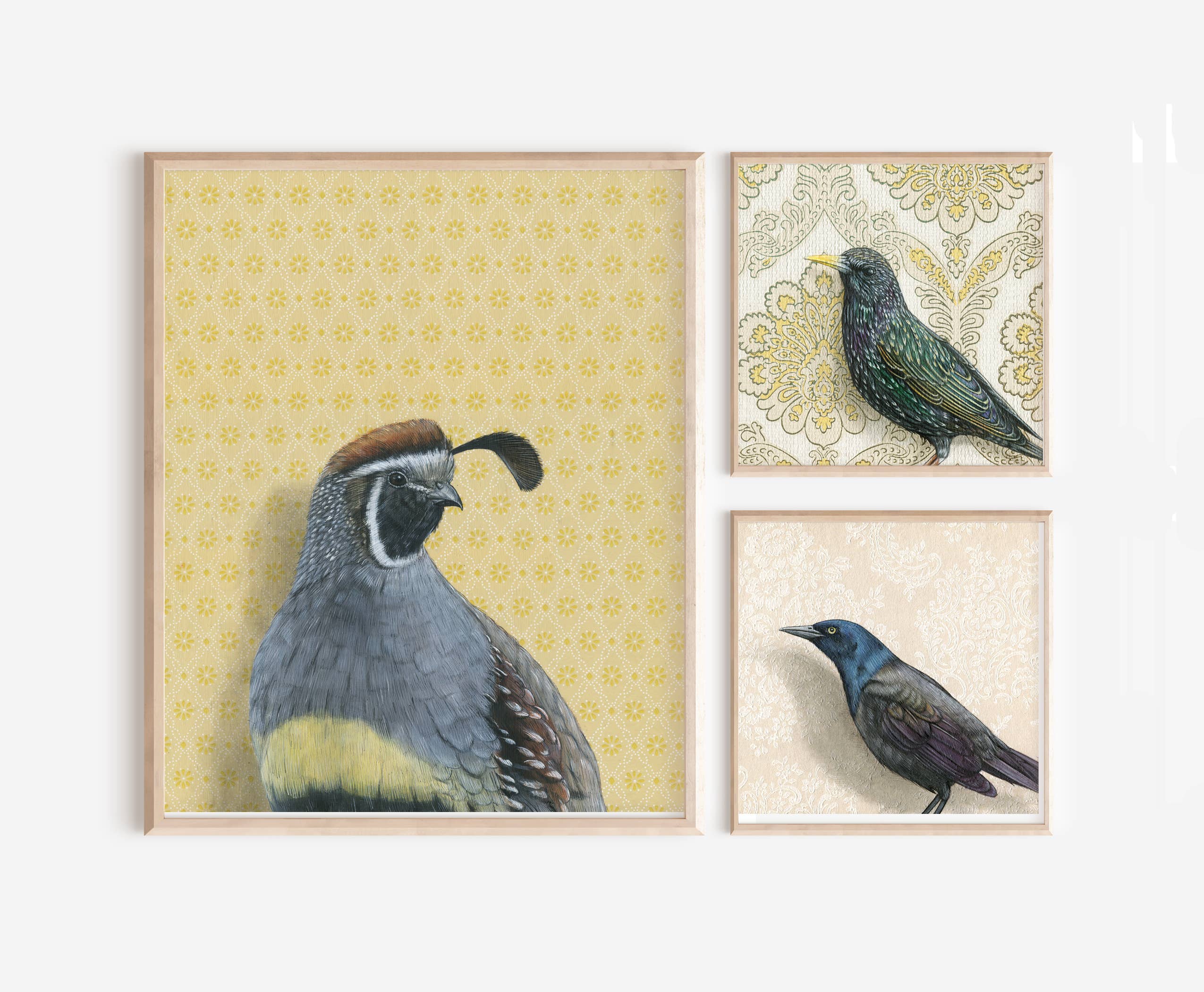 Framed art print of a quail on a yellow patterned background.