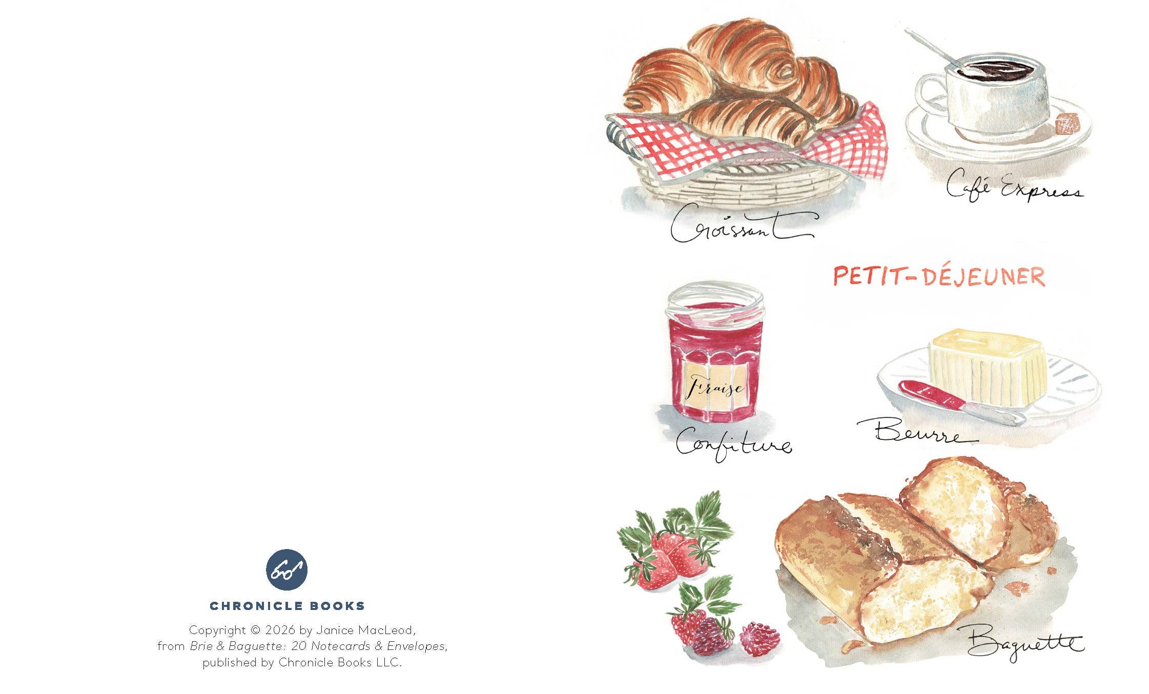 Elegant watercolor depiction of French breakfast items, including croissants, coffee, and jam, featured in the Brie & Baguette Notes collection by Chronicle Books.