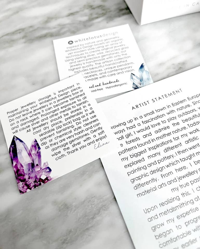 Informational cards showcasing the artistry and values behind Whitelotus Design, emphasizing handmade craftsmanship linked to the Sterling Silver Aqua Chalcedony Necklace.