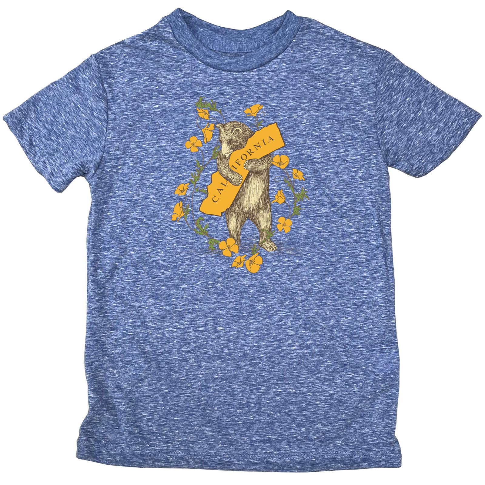 Blue kids tee featuring bear and California flowers artwork by Ethel Martinez, inspired by vintage California charm. Available from SF Mercantile, this Bear and Poppy Kids Tee is made from soft tri-blend fabric.