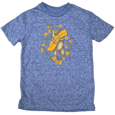Blue kids tee featuring bear and California flowers artwork by Ethel Martinez, inspired by vintage California charm. Available from SF Mercantile, this Bear and Poppy Kids Tee is made from soft tri-blend fabric.