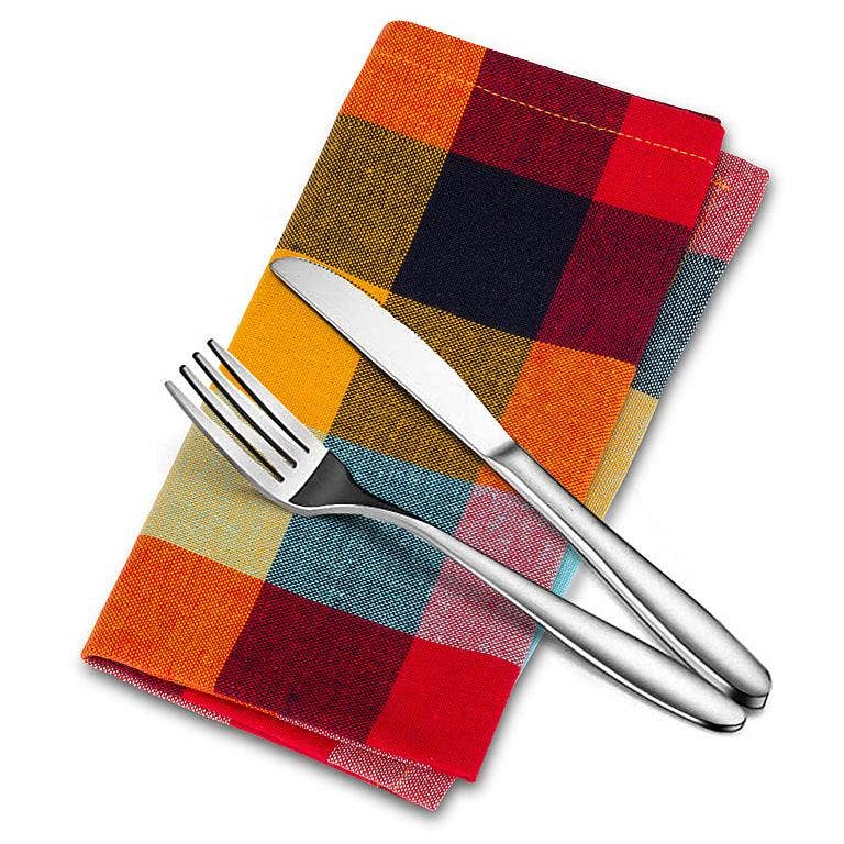 Madras Plaid Napkin from Abbott showcasing colorful plaid design with a fork and knife, perfect for elevating dining experiences.