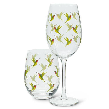 Joyful moment with the Hummingbird Stemless Wine Glass, showcasing vibrant feathered friends ready for wine and laughter.