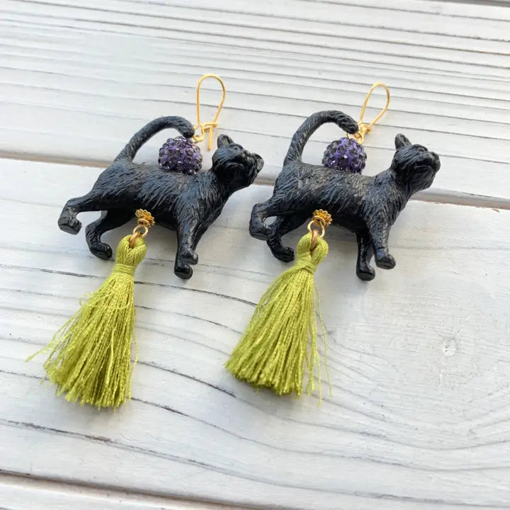 black cat tassel earrings