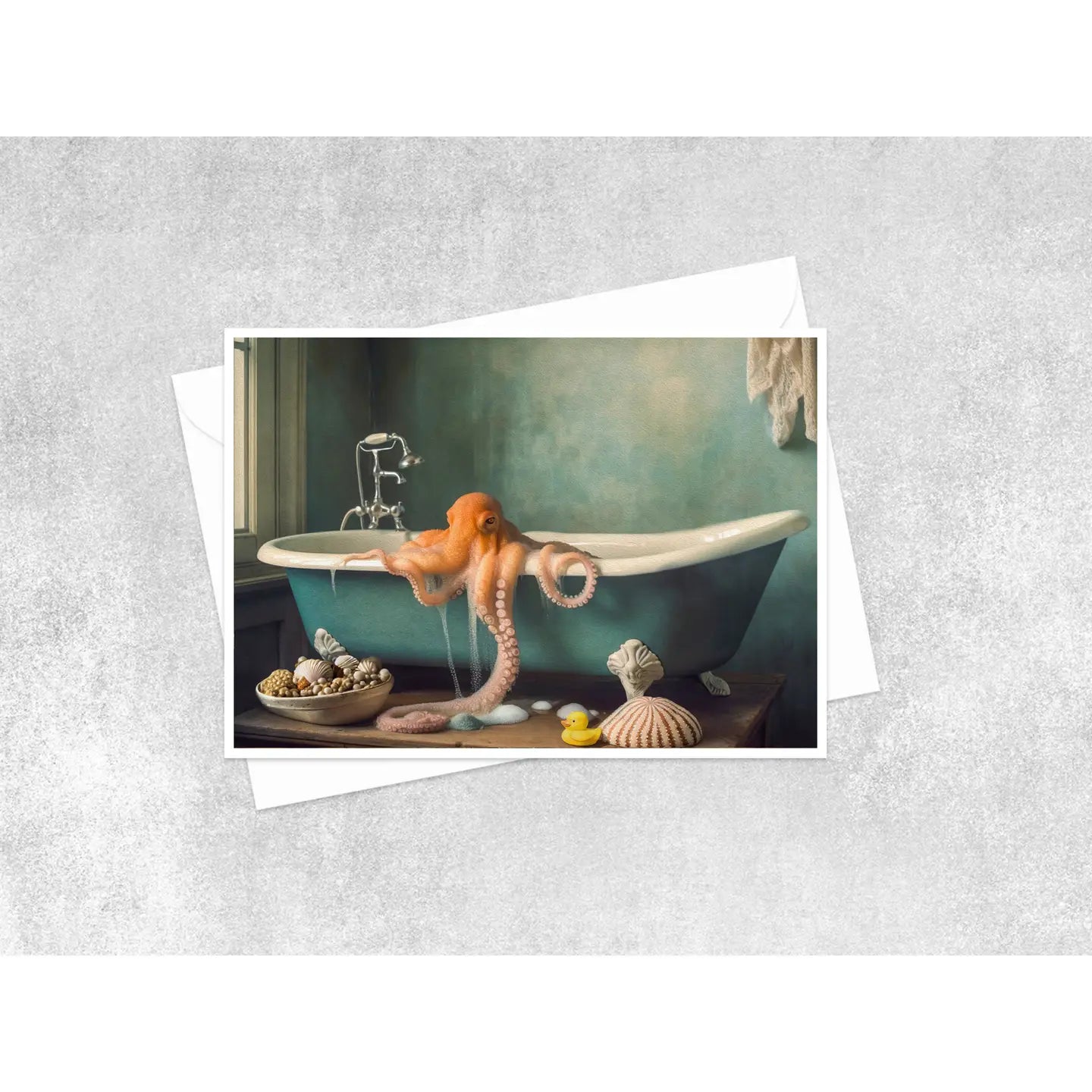 octopus in a bath tub greeting card