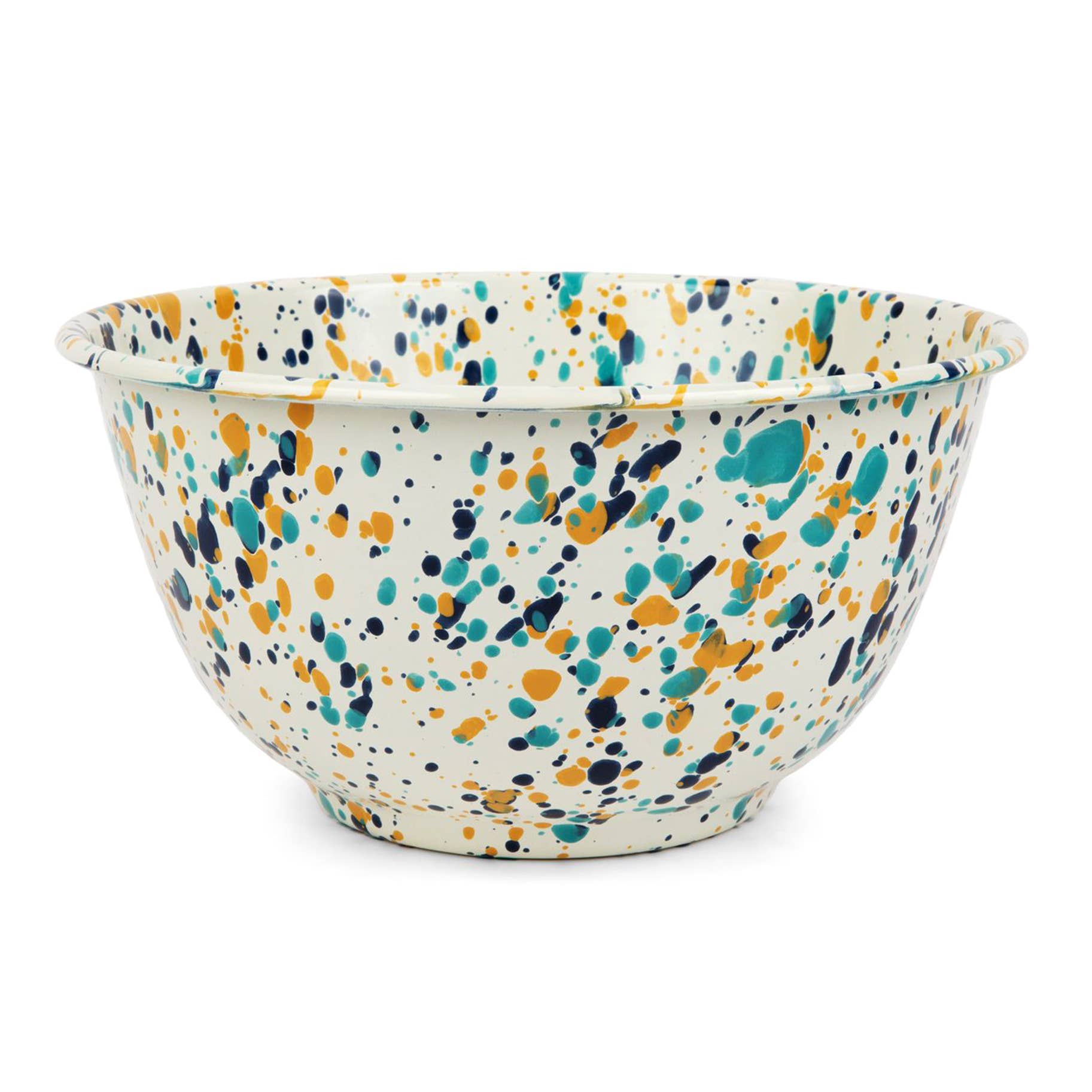 Large Salad Bowl in Desert Rose pattern by Crow Canyon Home. This enamelware bowl features a vibrant design with a mix of blue, yellow, and green splashes on a white background, ideal for serving salads.