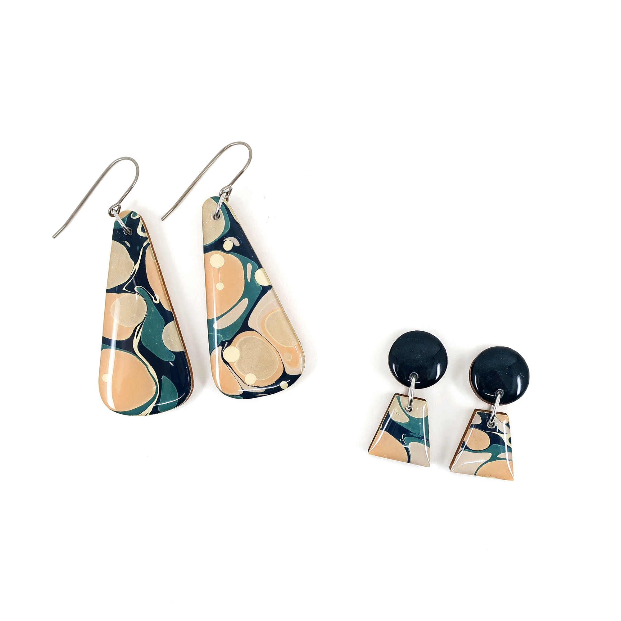 Stylish navy and pastel colors mid century modern long earrings with unique hand marbled patterns, crafted from laser cut wood and finished with UV-cured resin.