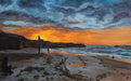 A scenic reproduction of an acrylic painting titled 'It's Beach' by Hearts for the Arts, depicting a vibrant sunset over the ocean with silhouetted figures and a dog on the shore.