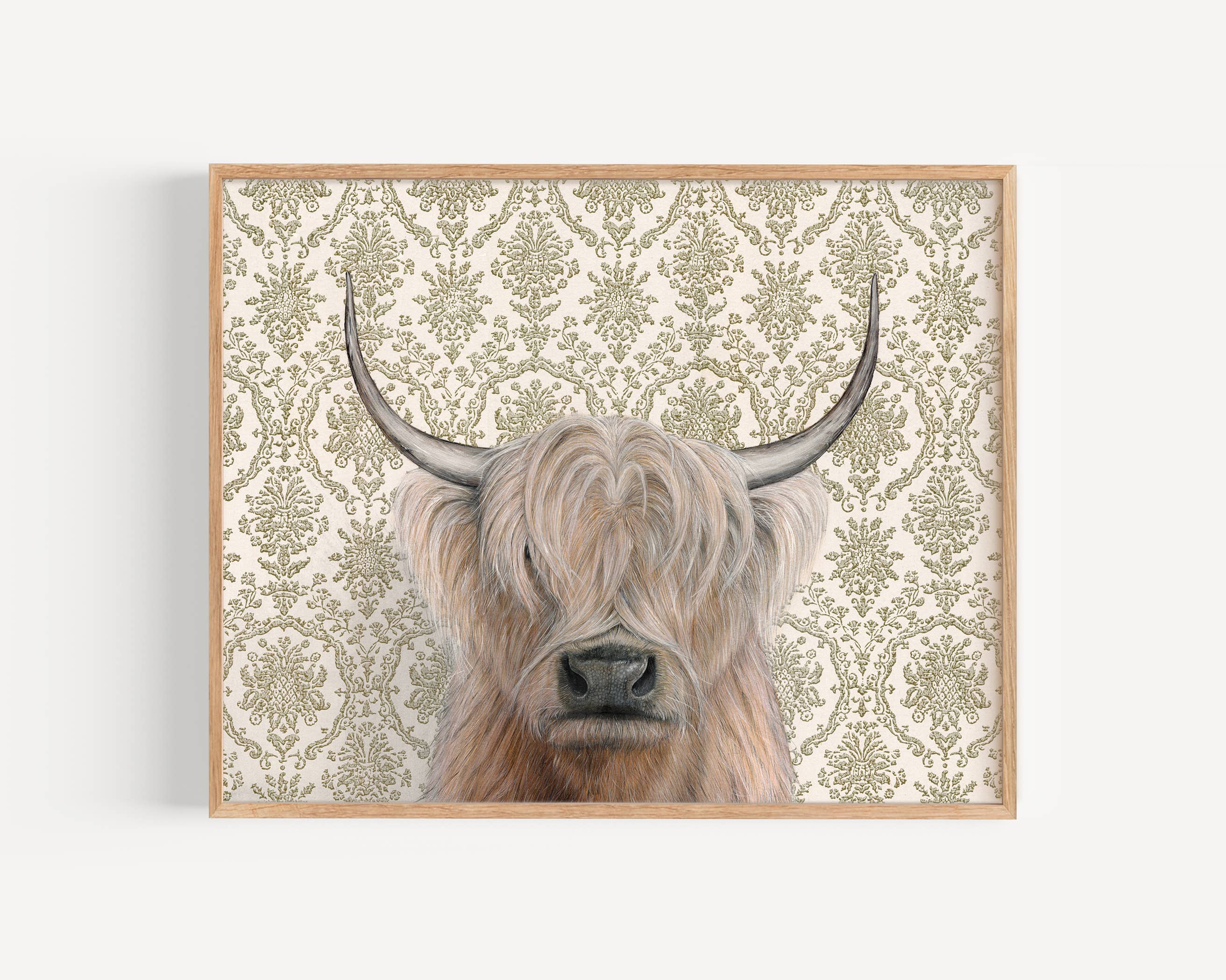 Framed art print of a Highland cow on an ornate patterned background