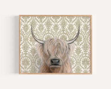 Framed art print of a Highland cow on an ornate patterned background