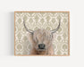 Framed art print of a Highland cow on an ornate patterned background