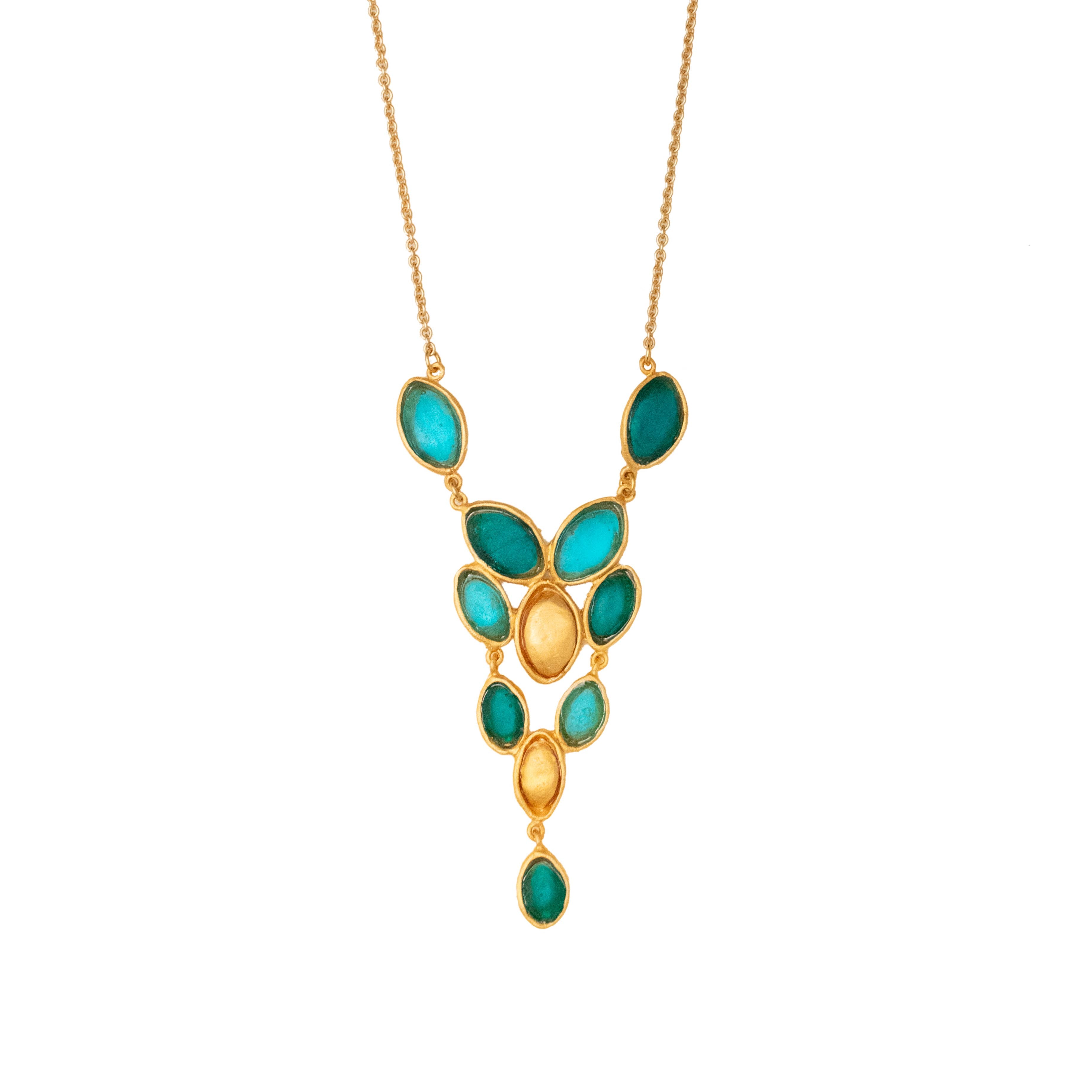 Peacock 16" Adj. Necklace by Michael Vincent Michaud featuring cast bronze with a 24K gold finish and accentuated with vibrant cast glass elements.