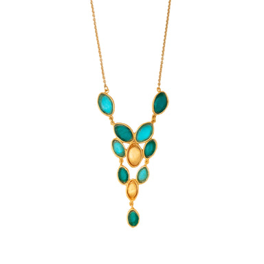 Peacock 16" Adj. Necklace by Michael Vincent Michaud featuring cast bronze with a 24K gold finish and accentuated with vibrant cast glass elements.