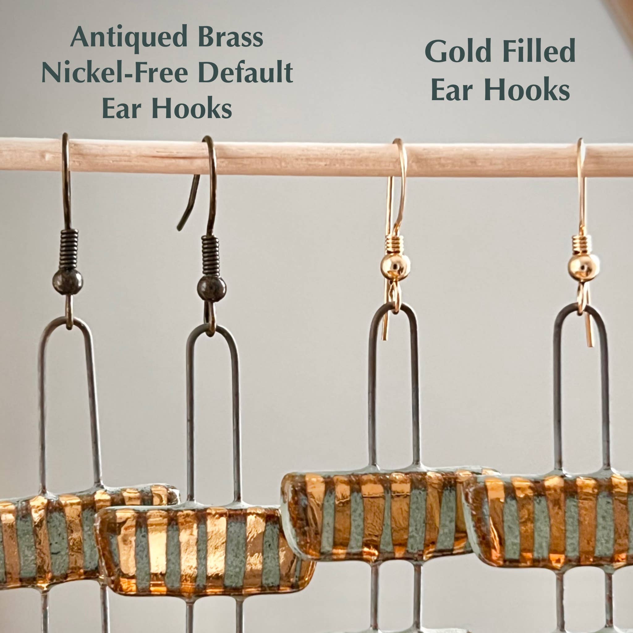 Close-up of earring hooks for Turquoise Dipped Oval Gold Earrings by The Artifact House, featuring antiqued brass and gold filled options for enhanced style.