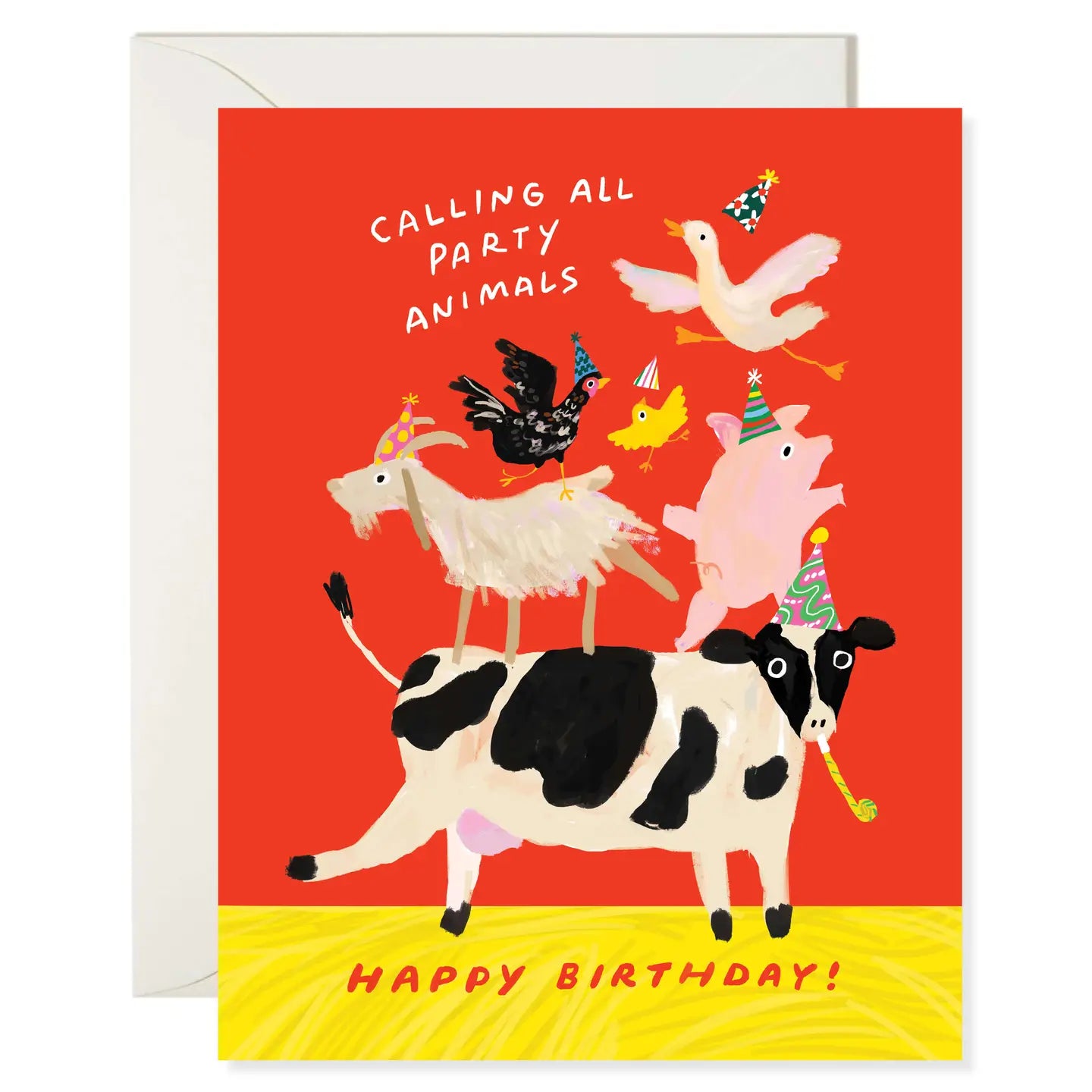 A vibrant birthday card depicting various party animals, including a cow and a pig, celebrating with party hats, featuring the text 'CALLING ALL PARTY ANIMALS!'. From the Karen Schipper Card Collection.