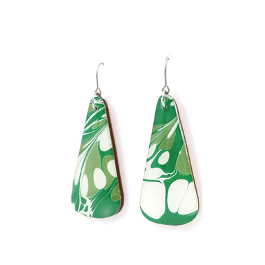 Green and white mid century modern long earrings made from unique hand marbled UK paper, featuring titanium hooks for sensitive ears.