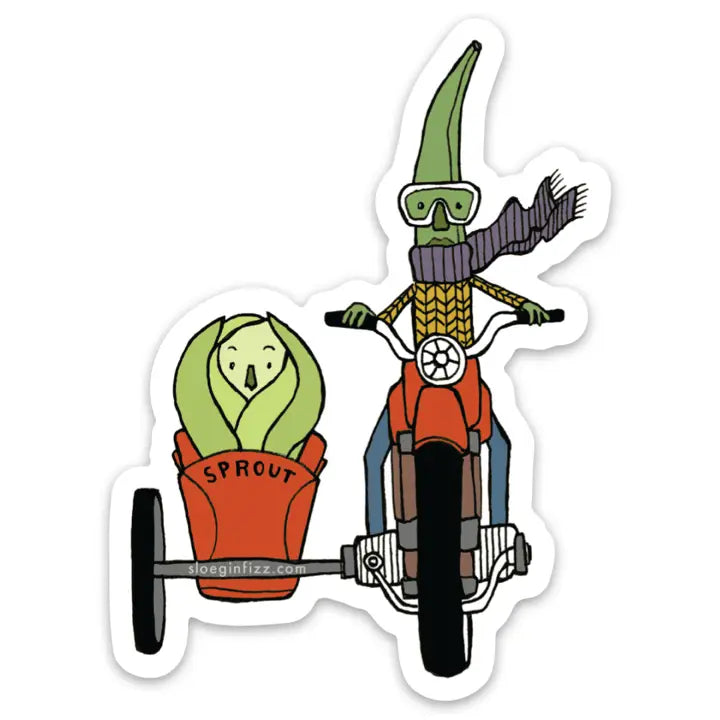 Corn and sprout riding a motorcycle