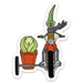 Corn and sprout riding a motorcycle