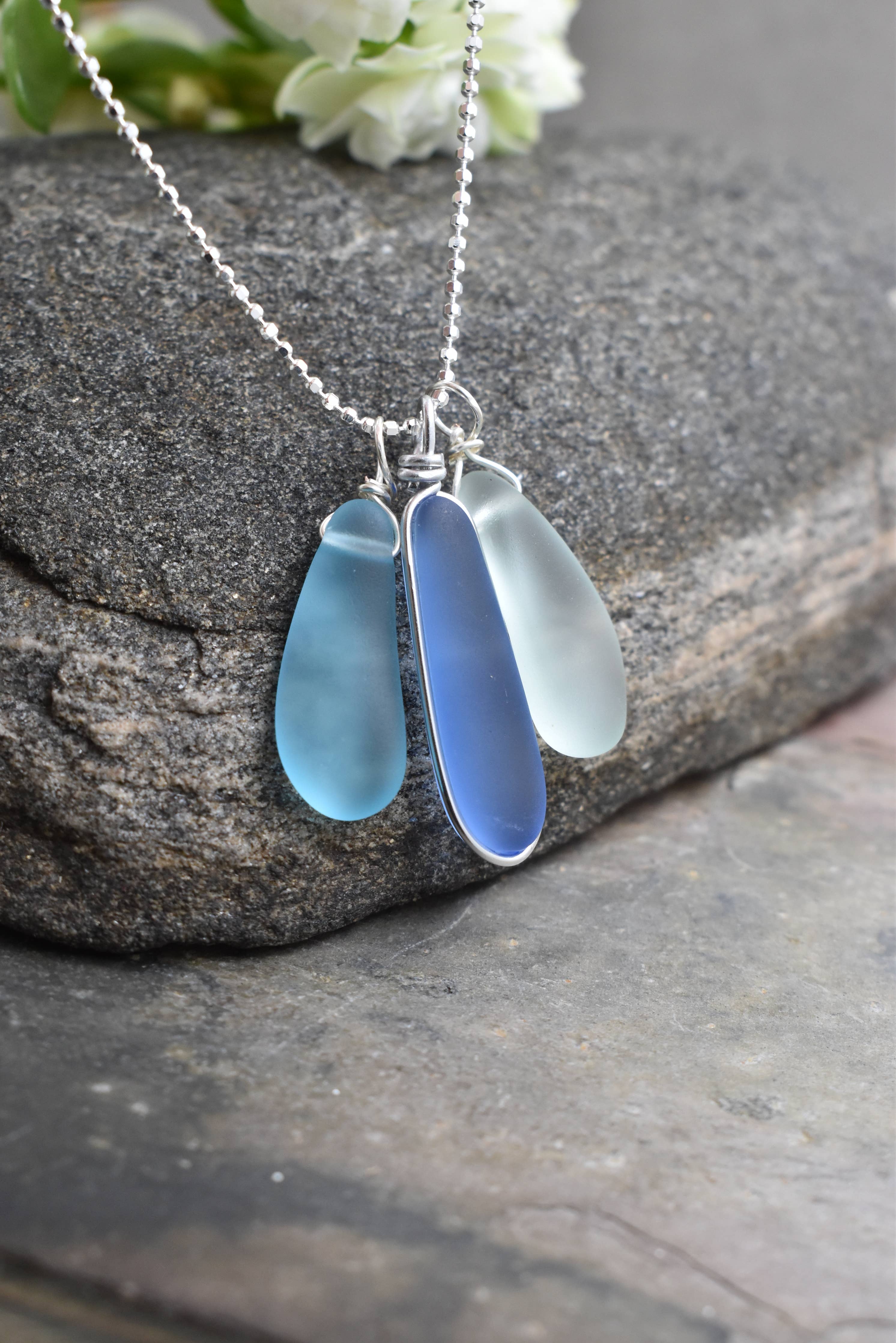 Eco glass triple charm Necklace -  sea glass jewelry