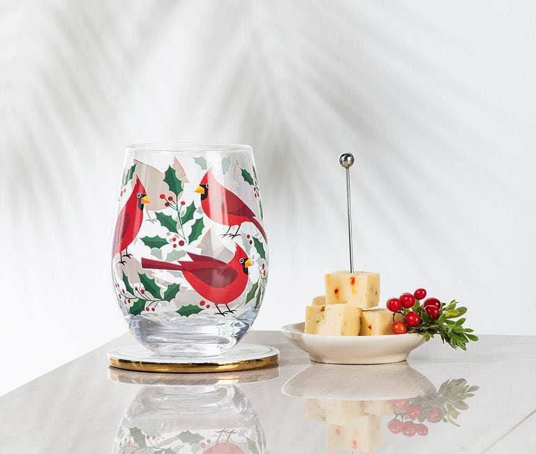 Cardinals & Holly Stemless Wine Glass