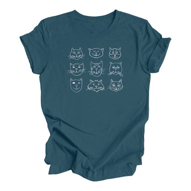 Cheeky Cat Faces T-Shirt — Hand-Illustrated Unisex Graphic Tee, featuring an adorable array of cat illustrations that even your feline friends would approve of! Perfect for unleashing your inner crazy cat person.