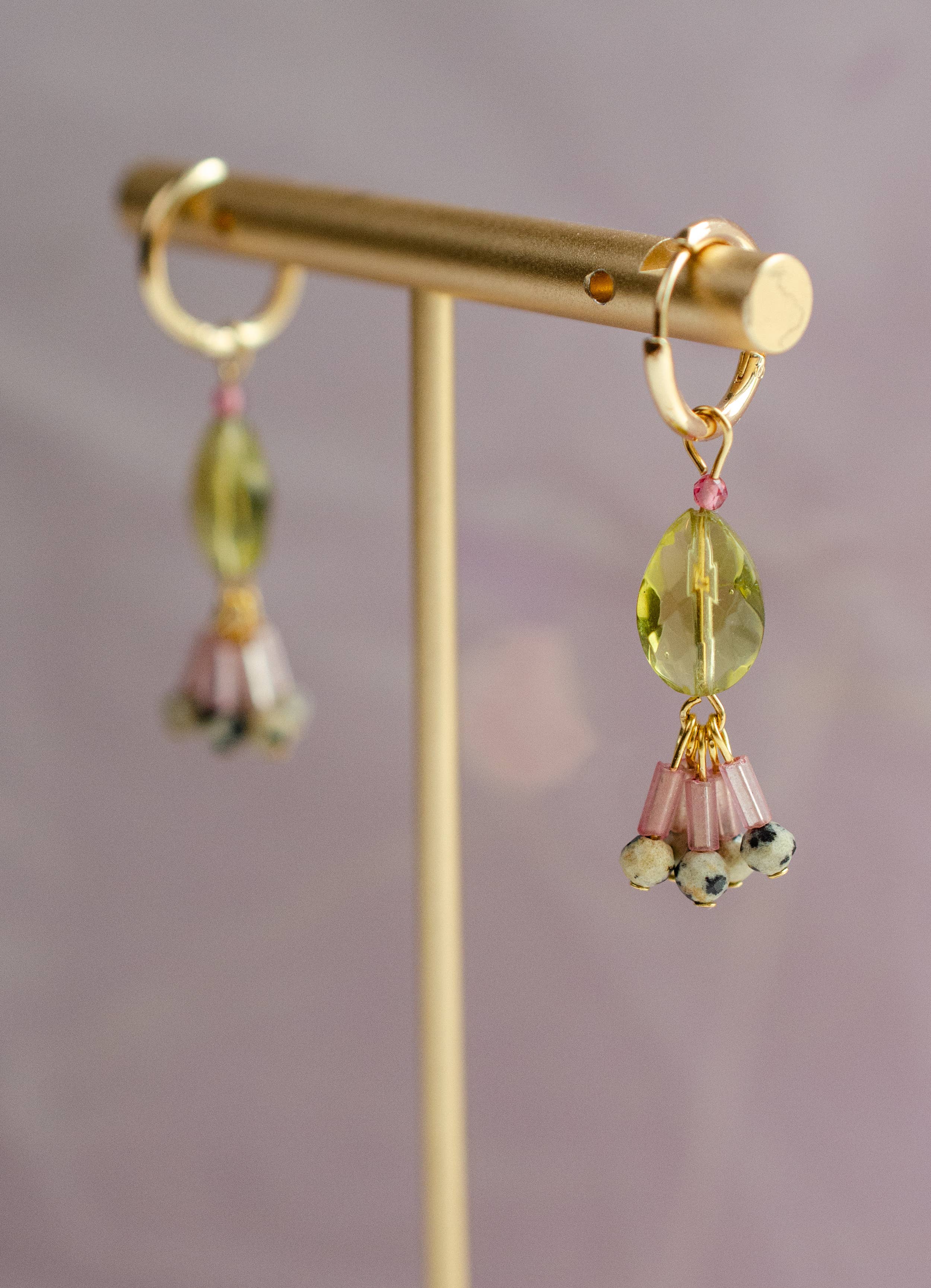 Green Quartz Gemstone Hoop Dangle Earrings