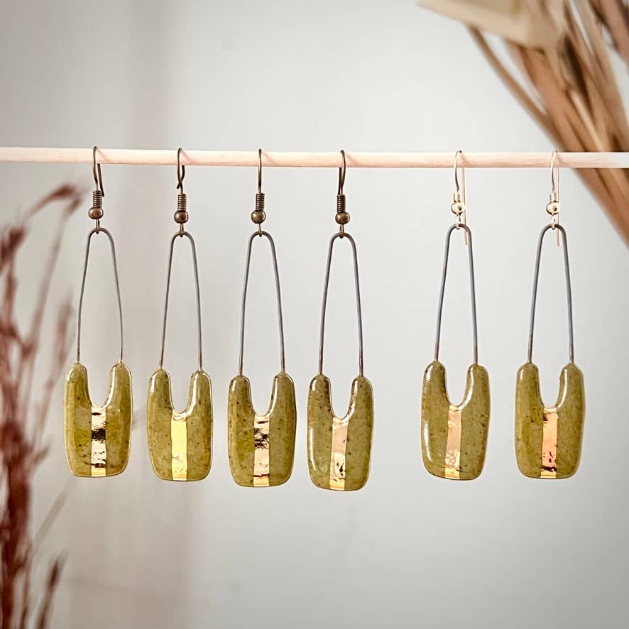Speckled Olive and Gold Dropped Rectangle Clay Earrings
